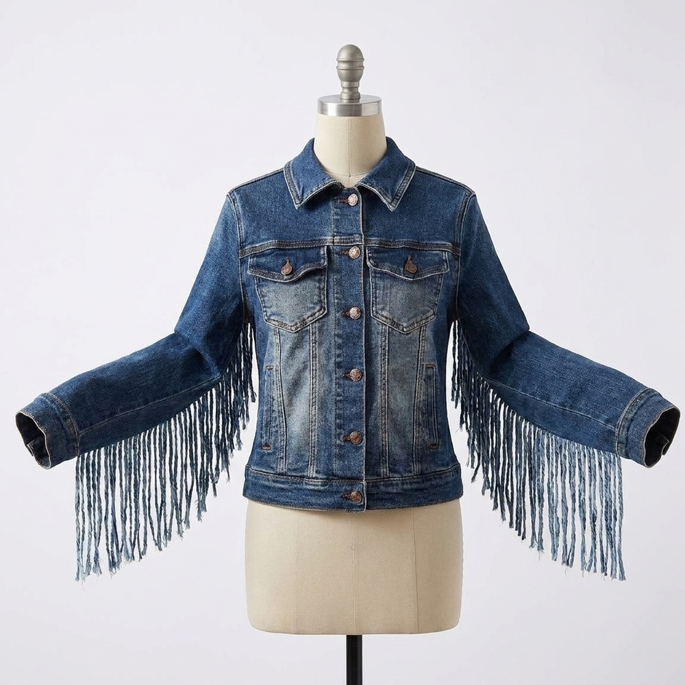 NEW JUDY BLUE women's denim fringe jacket in dark blue
